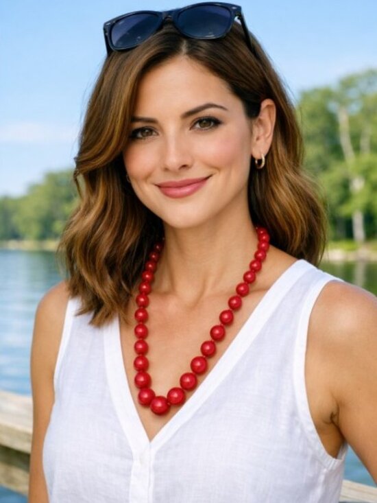 Source Unknown Jewelry - Vintage Graduated Red Lucite Beaded Necklace w/ Gold-Tone Clasp - 30" Long